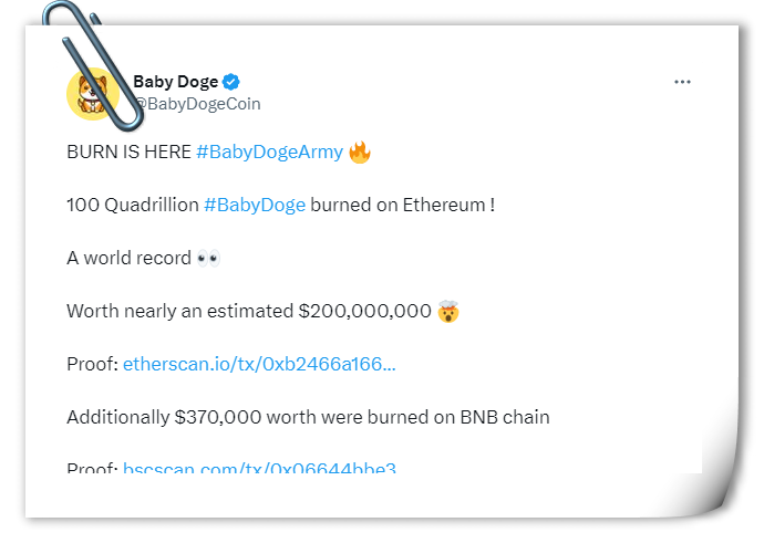 BabyDoge coin burnt 100 quadrillion tokens in a single transaction which worths $200 million 