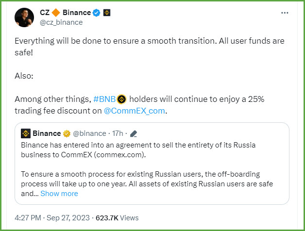 币安(Binance)全面退出俄罗斯加密货币市场，相关用户和业务将全部转移至交易公司CommEX，过渡期限一年